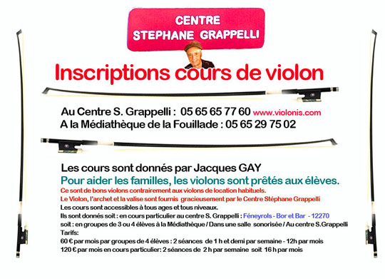 Affichette cours de violon inscriptions au centre Stéphane Grappelli et médiatheque de la Fouillade : 2019 -2020